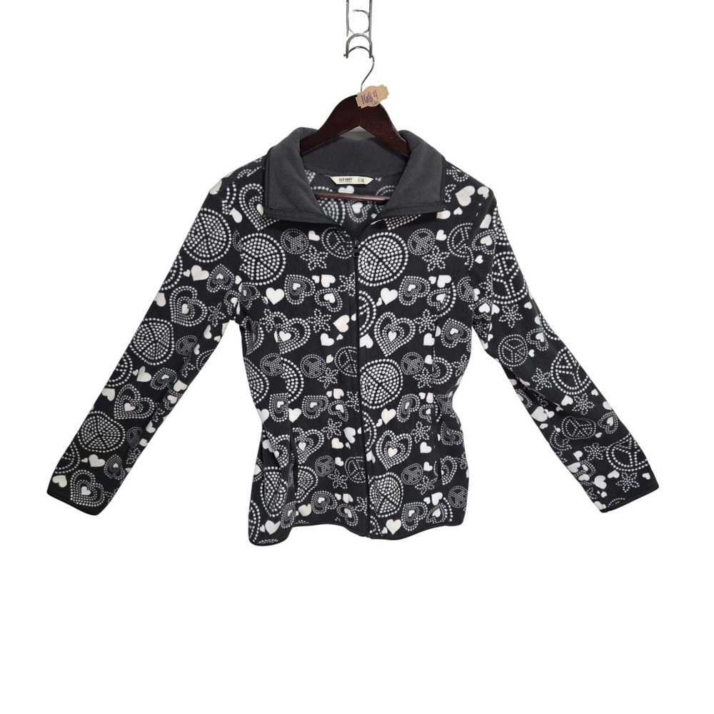 Old Navy Womens Gray White Peace Heart Print Full Zip Fleece Jacket Medium Tall